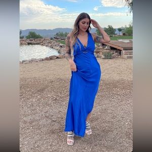 NASTYGAL BLUE SATIN CUTOUT MAXI DRESS